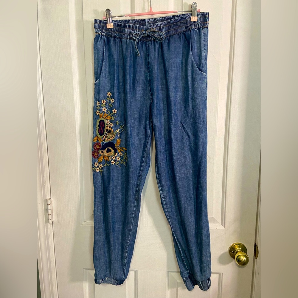 Embroidered denim joggers